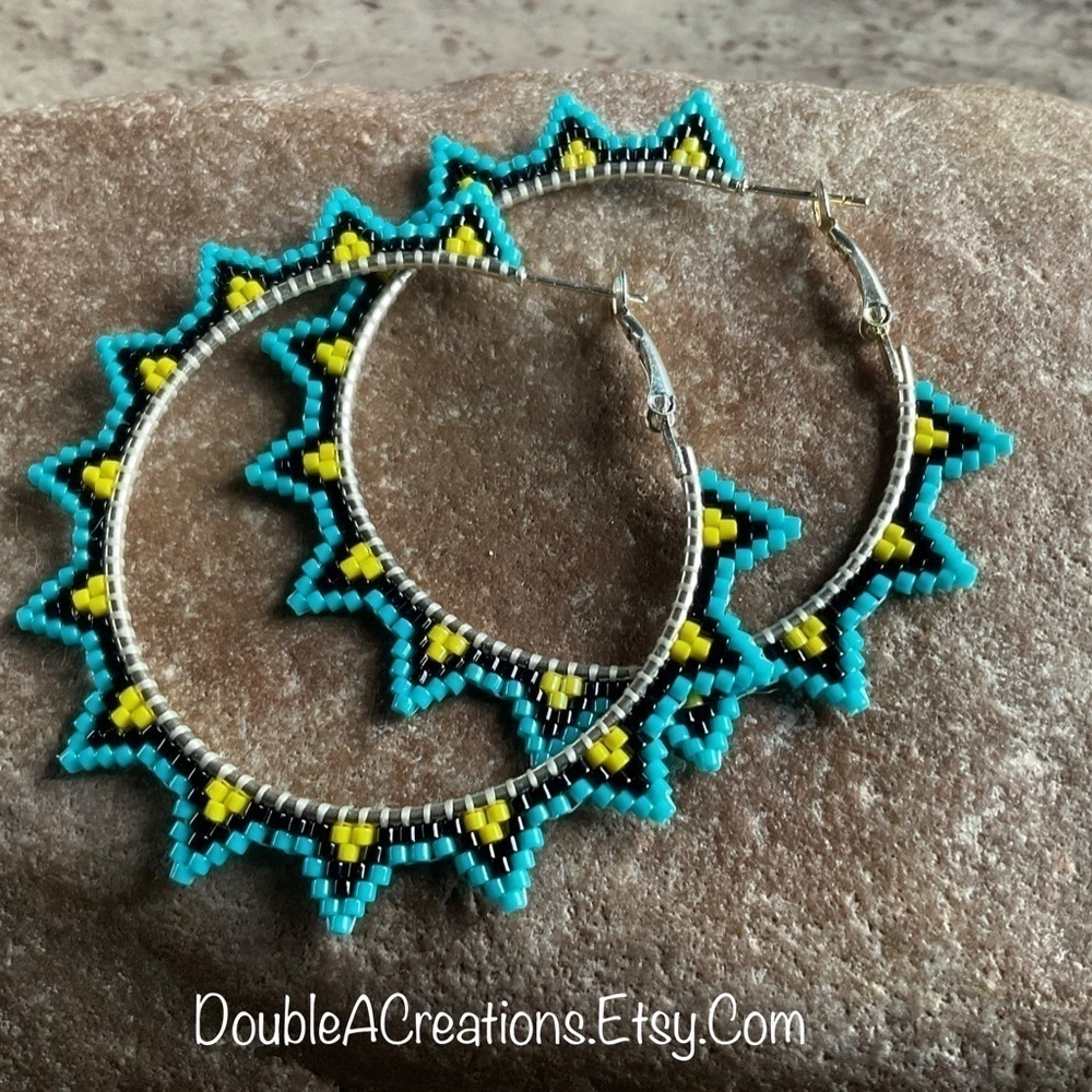 Turquoise and Yellow Sunburst 2” Beaded Hoops, New, Handmade by Me - Picture 4 of 9